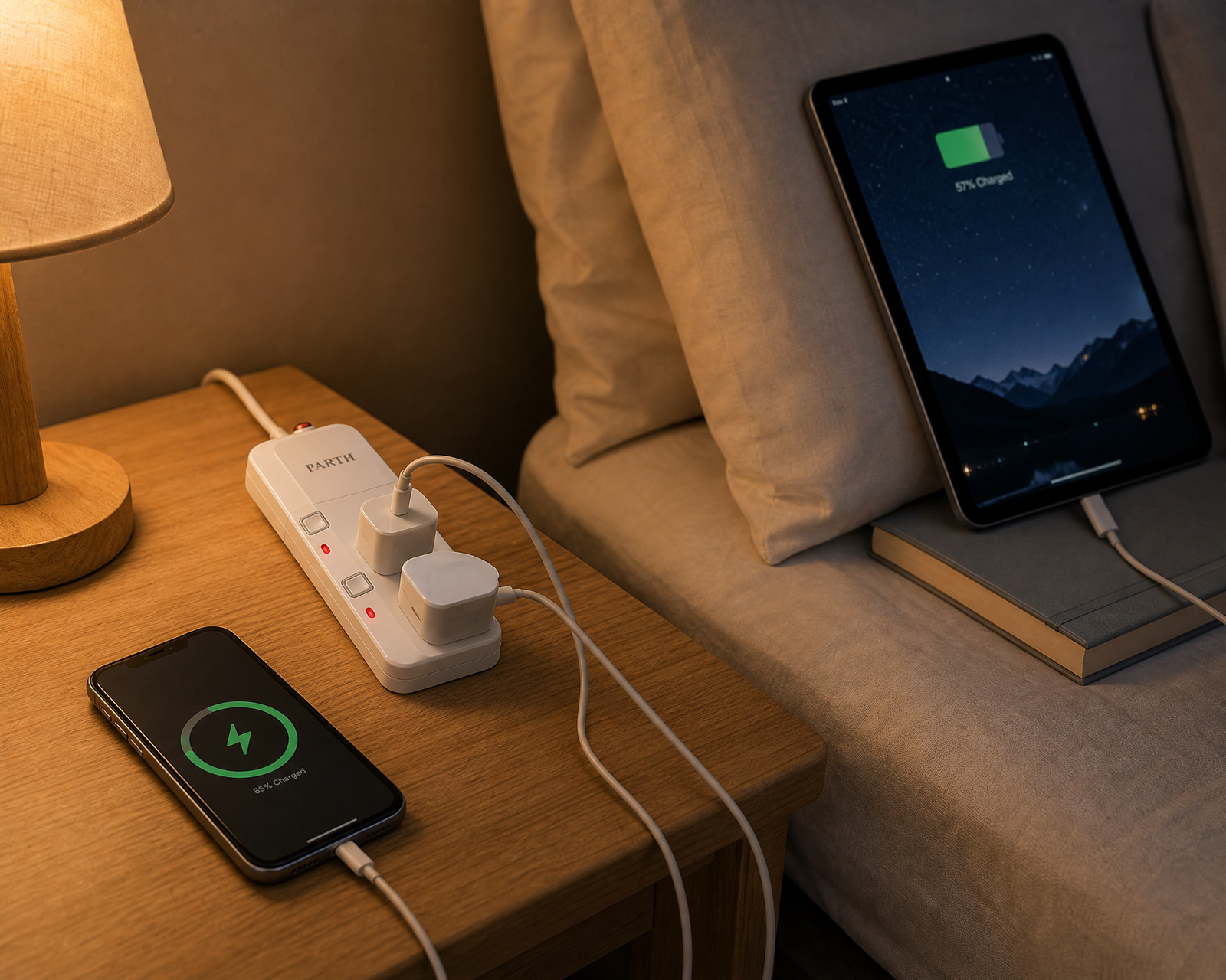 PARTH 3022 white 2-socket extension lead charging a phone and tablet by a bedside table