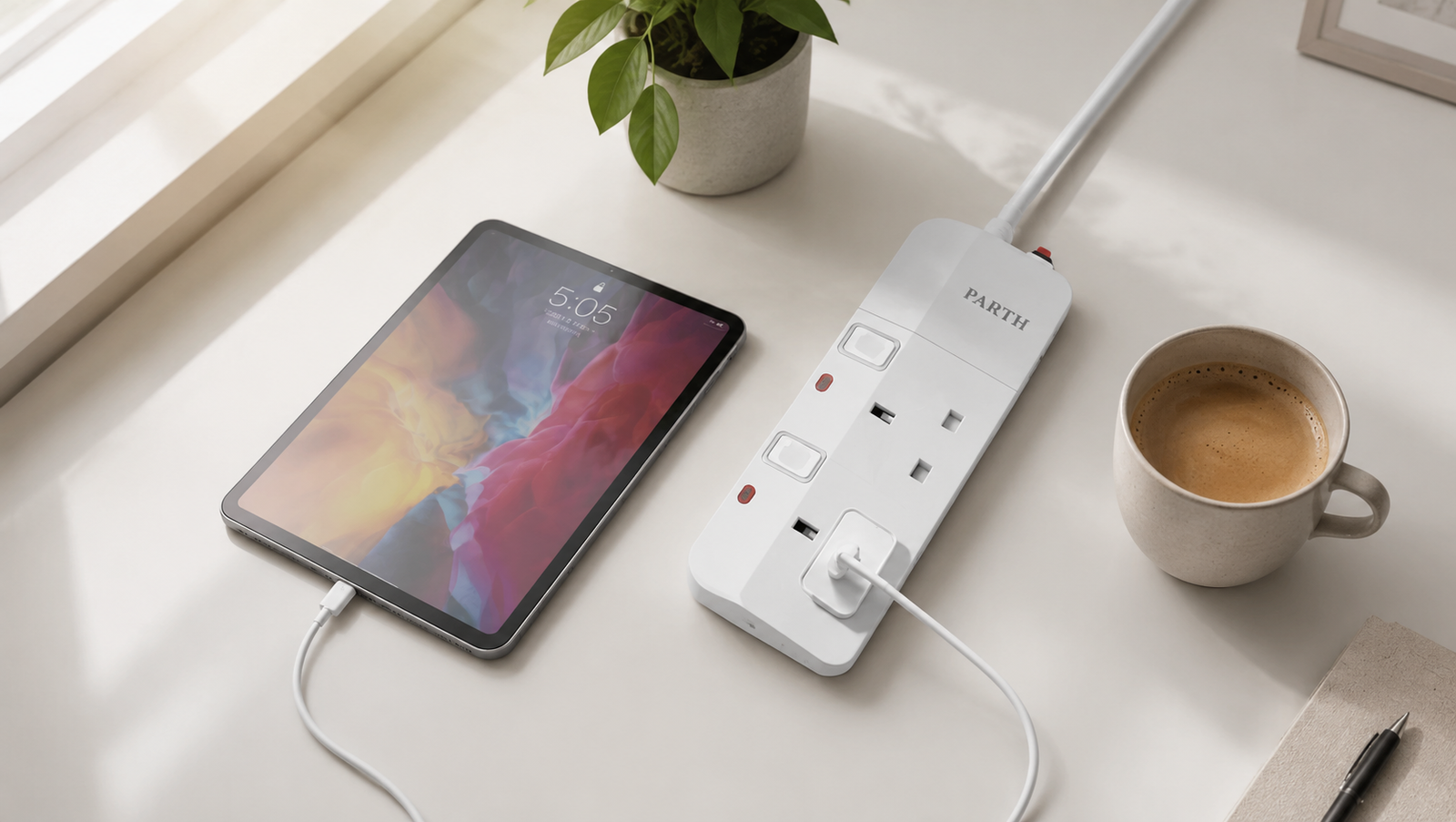 PARTH 3022 white 2-socket extension lead in a desk setup