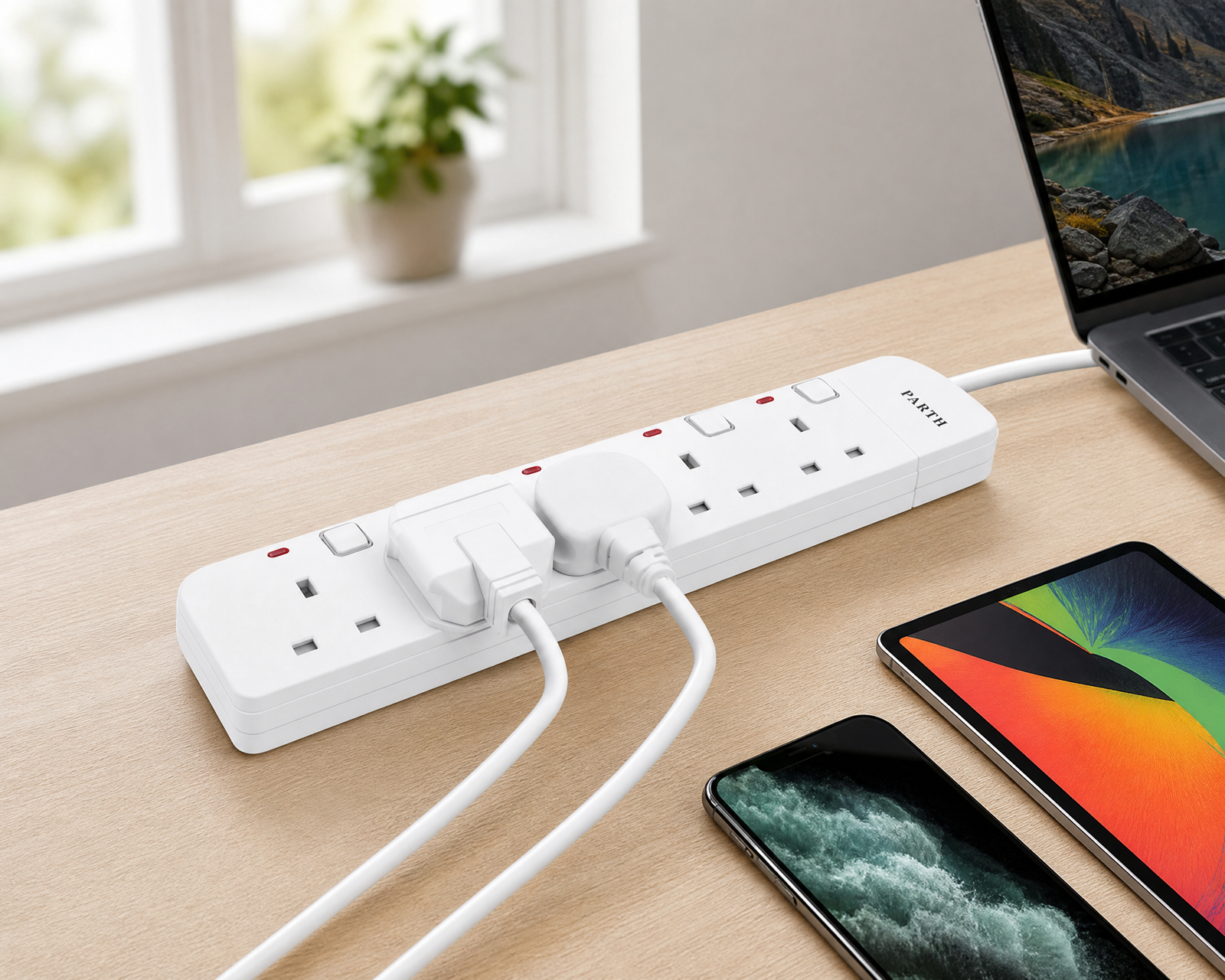 PARTH 3025 white 5-outlet extension lead powering a laptop phone and tablet on a desk