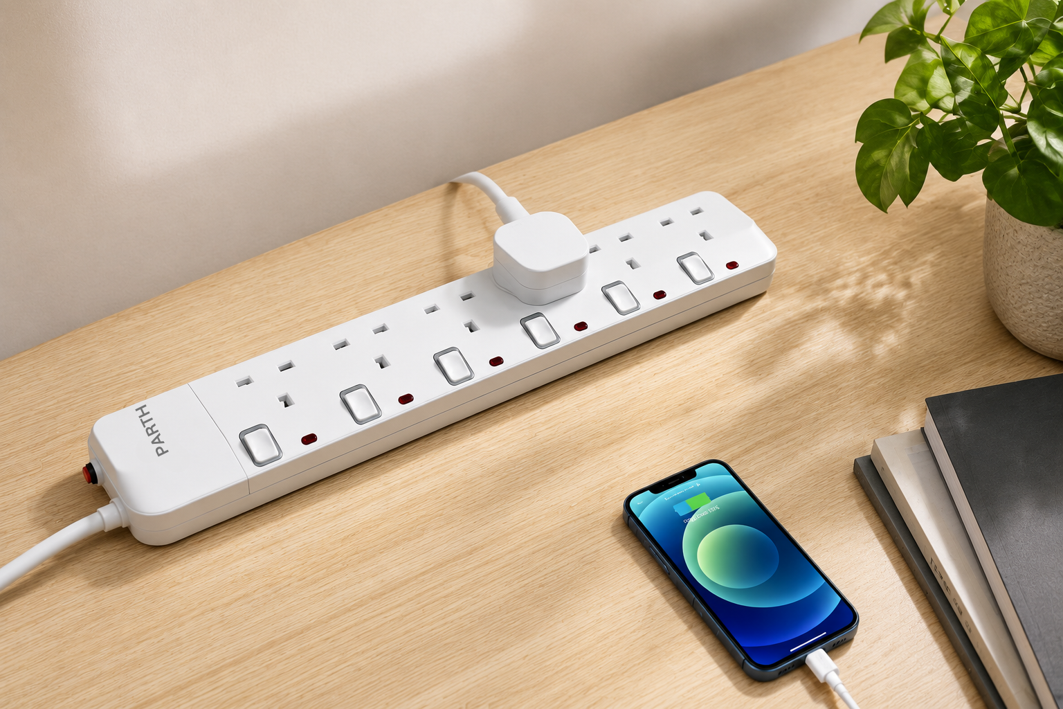 PARTH 3026 white 6-outlet extension lead charging a phone on a desk