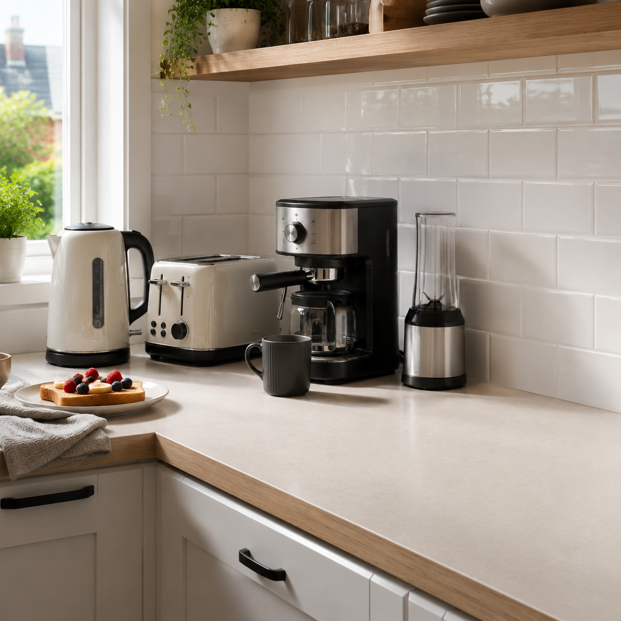 Kitchen counter with kettle toaster coffee machine and blender