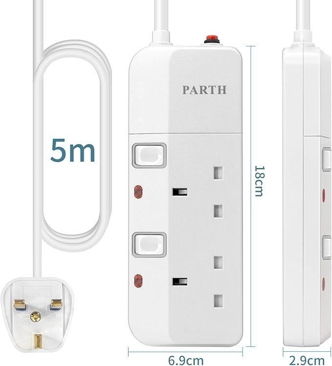 PARTH 3022 5M 2 Socket White Extension Lead specification image