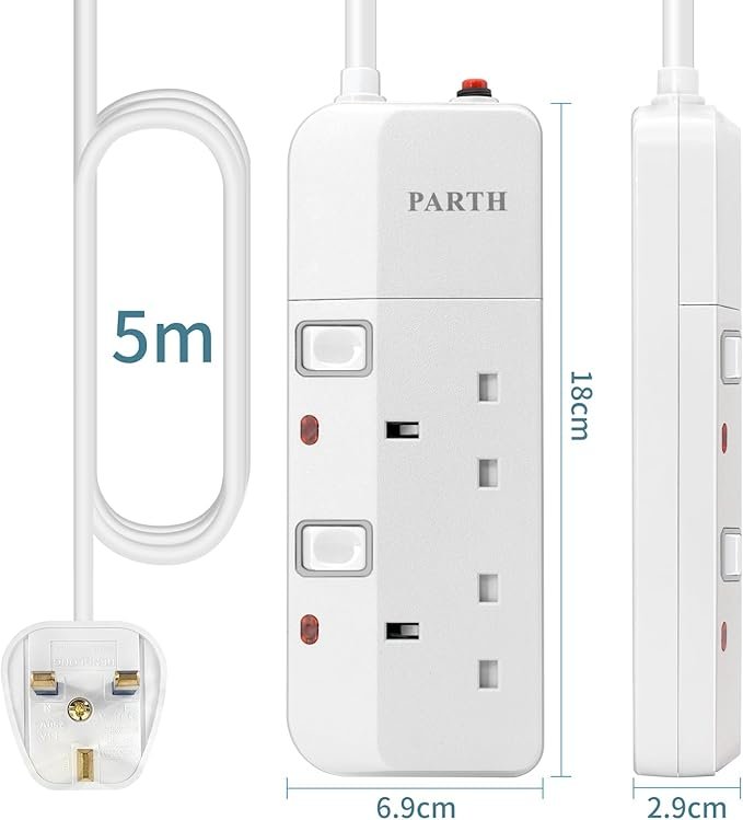 PARTH 3022 5M 2 Socket White Extension Lead image 6