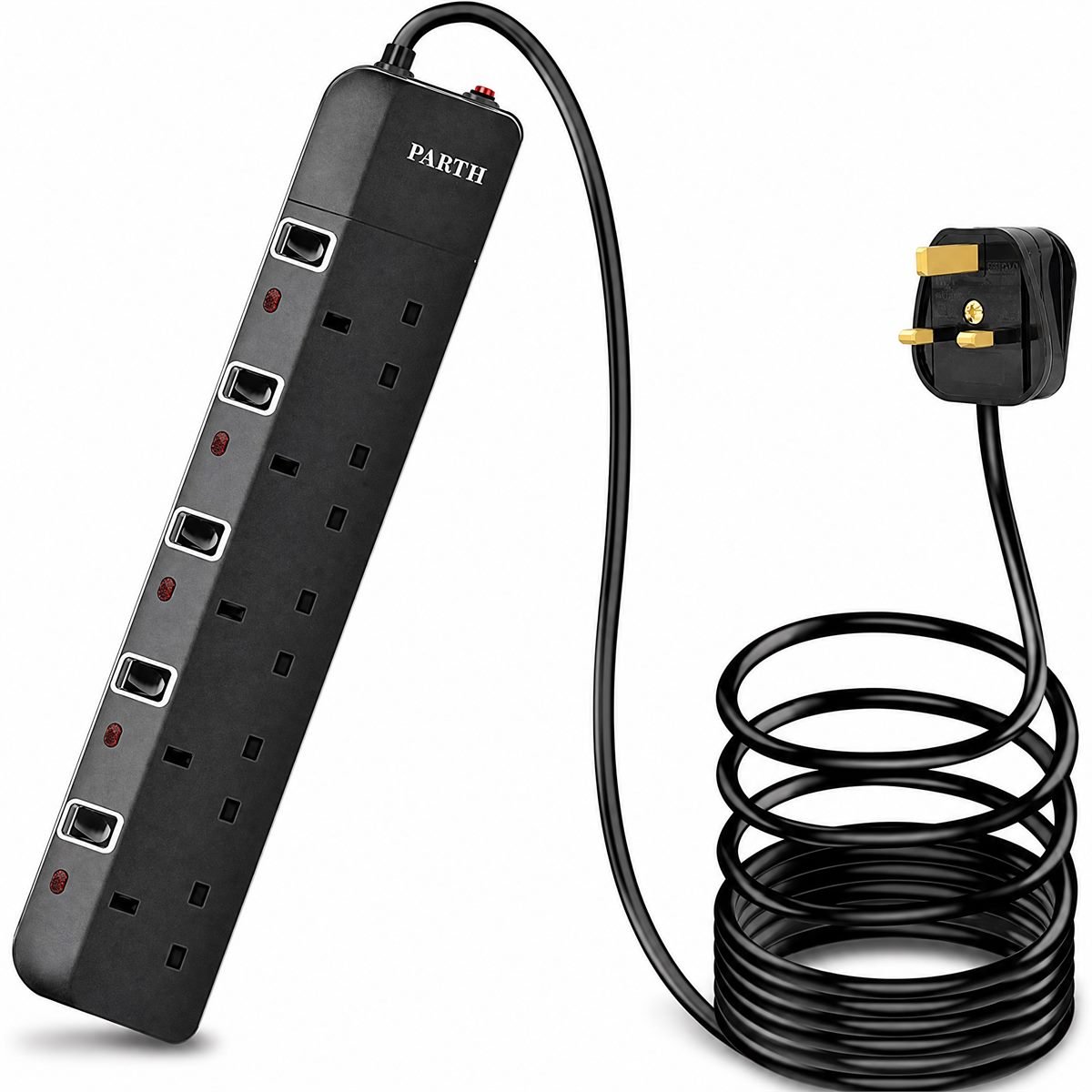 PARTH 3025 2M 5 Socket Black Extension Lead