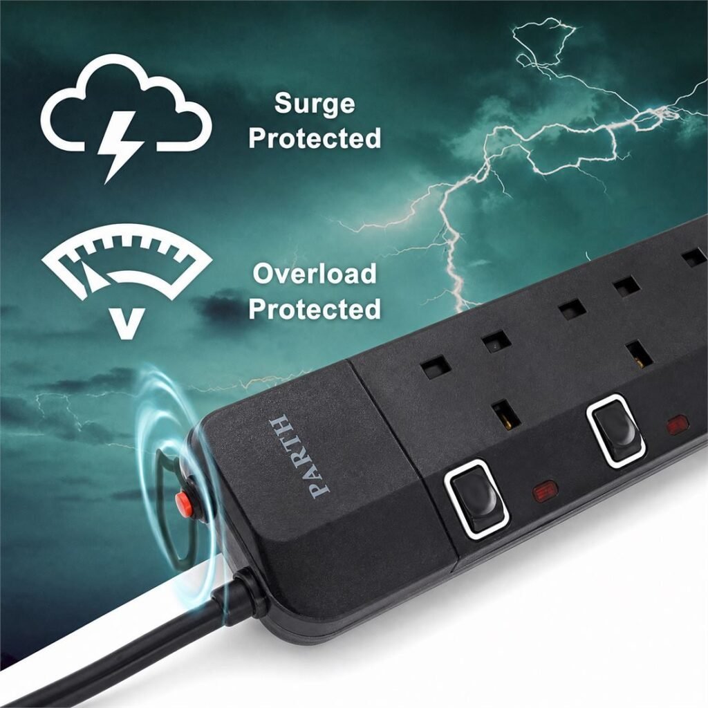 PARTH 3025 2M 5 Socket Black Extension Lead protection features