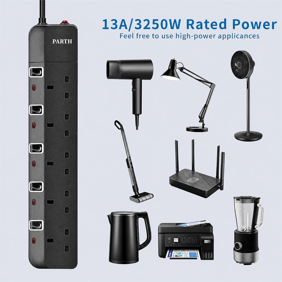 PARTH 3025 2M 5 Socket Black Extension Lead image 6