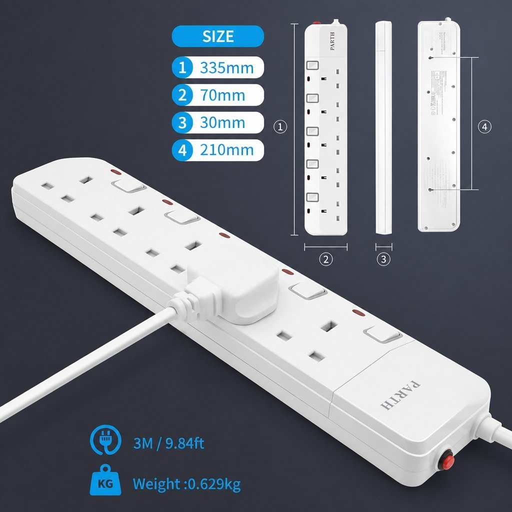 PARTH 3025 3M 5 Socket White Extension Lead specification image