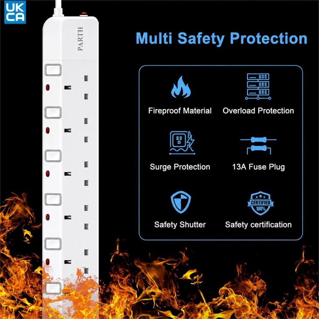 PARTH 3026 10M 6 Socket White Extension Lead protection features