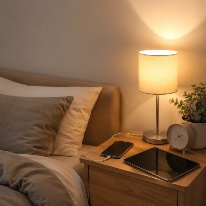 Bedroom bedside area for planning a short and tidy extension lead route