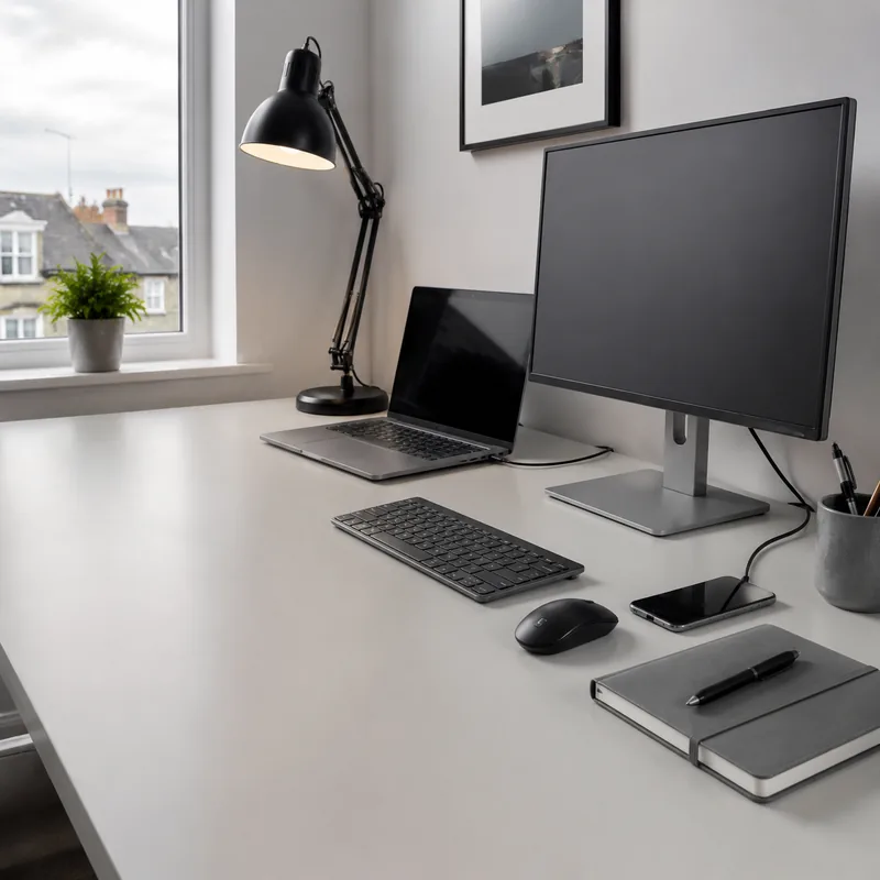 Tidy home office setup used to plan a safe extension lead cable route